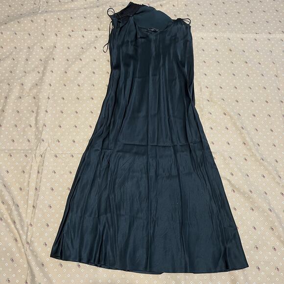 Zara Dress Womens Medium Dark Green Satin Slip Cowl Neck Spaghetti Maxi Evening - Picture 3 of 7